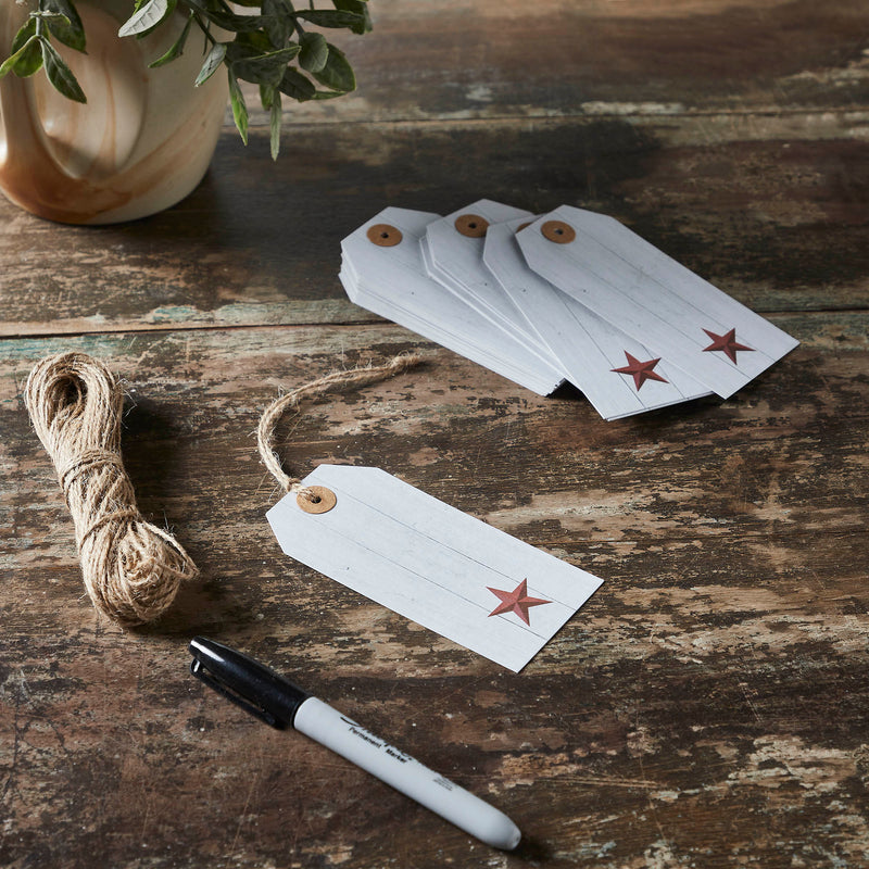Faceted Barn Star Barnwood Paper Tag Barn Red 4.75x2.25 w/ Twine Set of 50