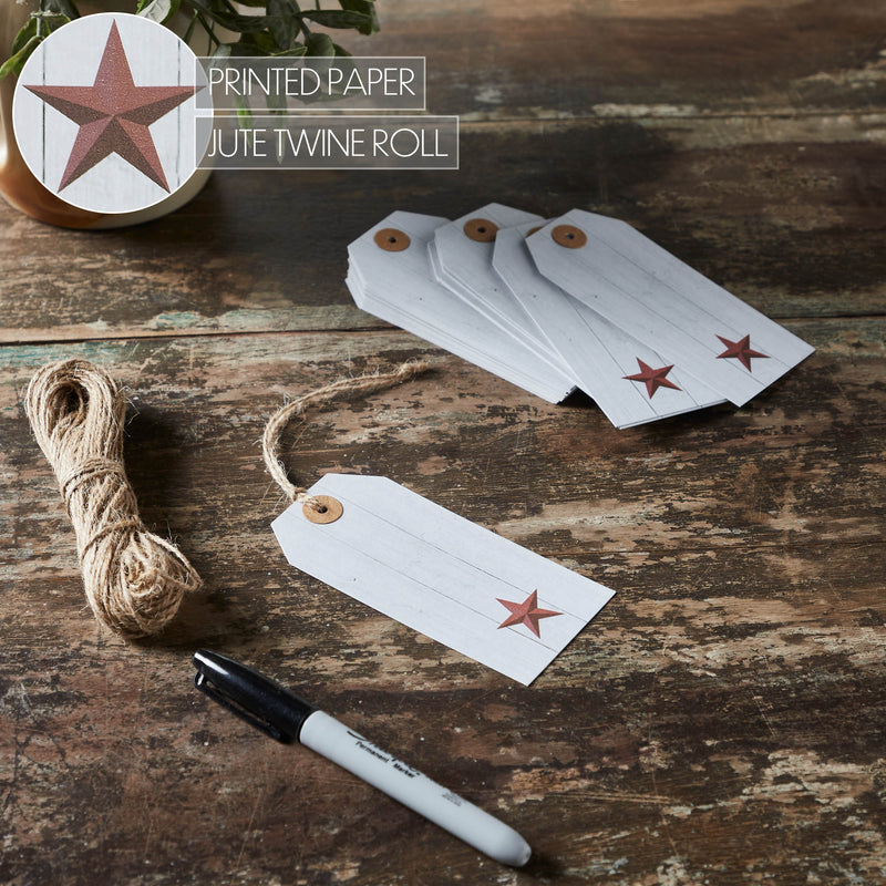 Faceted Barn Star Barnwood Paper Tag Barn Red 4.75x2.25 w/ Twine Set of 50