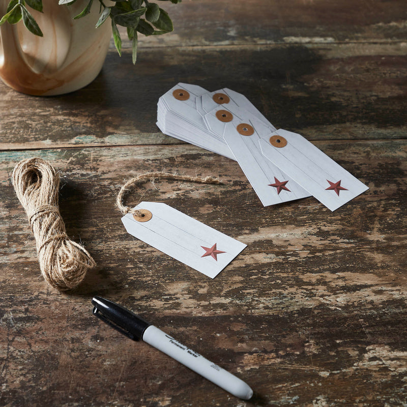 Faceted Barn Star Barnwood Paper Tag Barn Red 3.75x1.75 w/ Twine Set of 50
