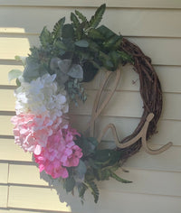Pink Ombré Hydrangea Floral Grapevine Wreath for Front Door with Sign