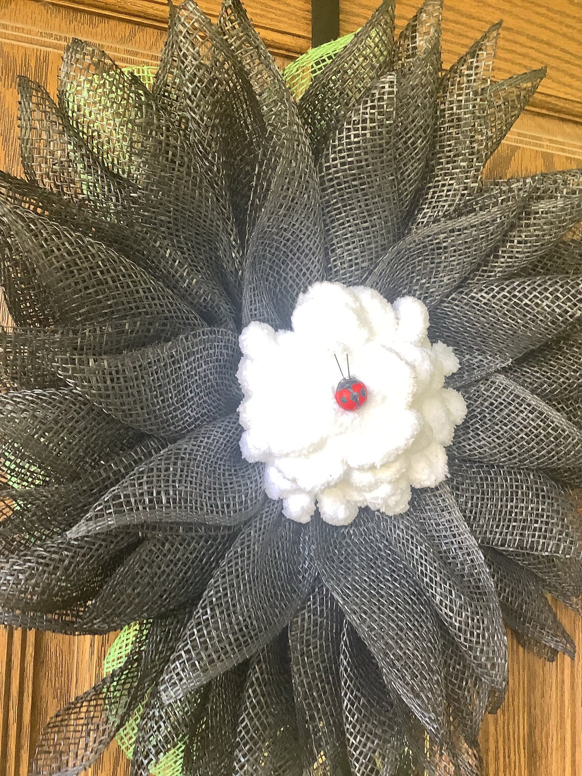 Black White Mesh Flower Wreath for Front Door with Ladybug