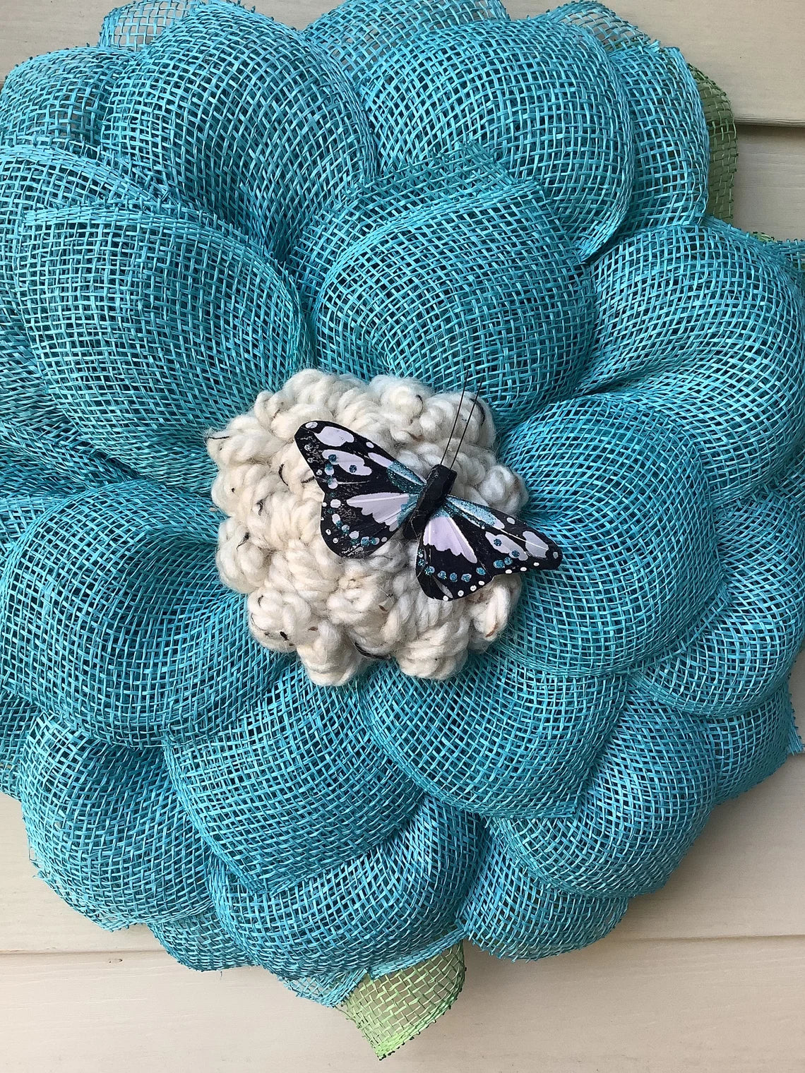 Turquoise Blue Mesh Flower Wreath for Front Door with Butterfly