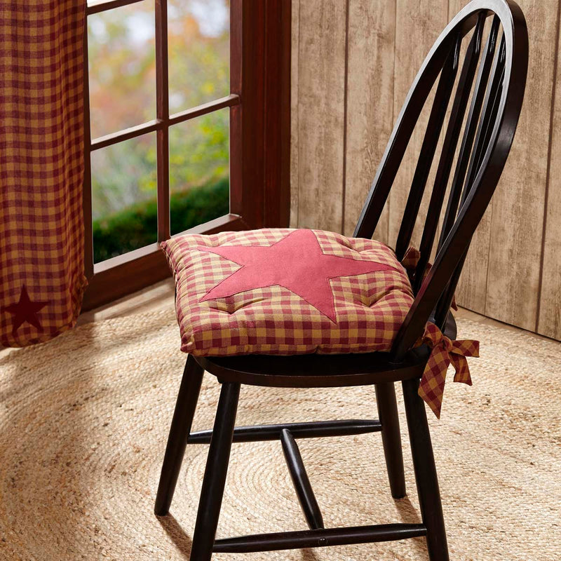 Burgundy Star Country Vintage Tan Burgundy Check Chair Pad 14x14 - VHC Brands