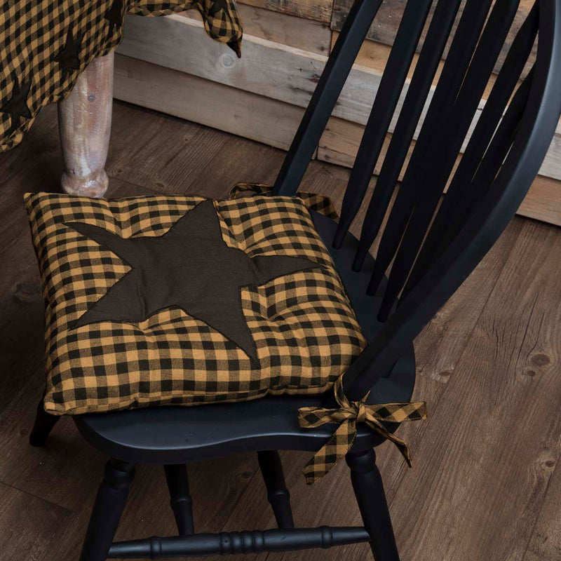 Black Star Farmhouse Prim Country Black Tan Check Chair Pad 14x14 - VHC Brands