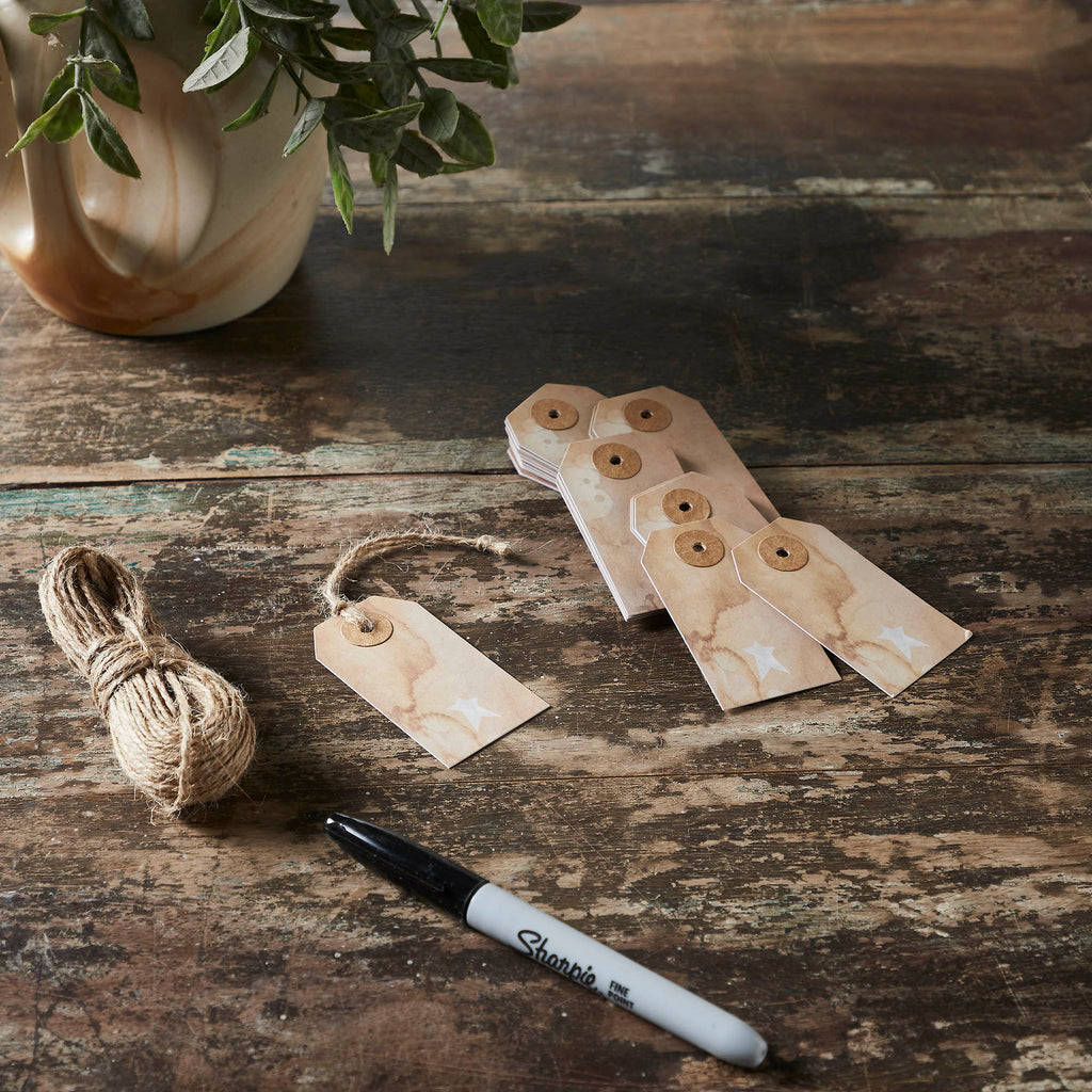Primitive Star Tea Stained Paper Tag Creme 2.75x1.5 w/ Twine Set of 50 ...
