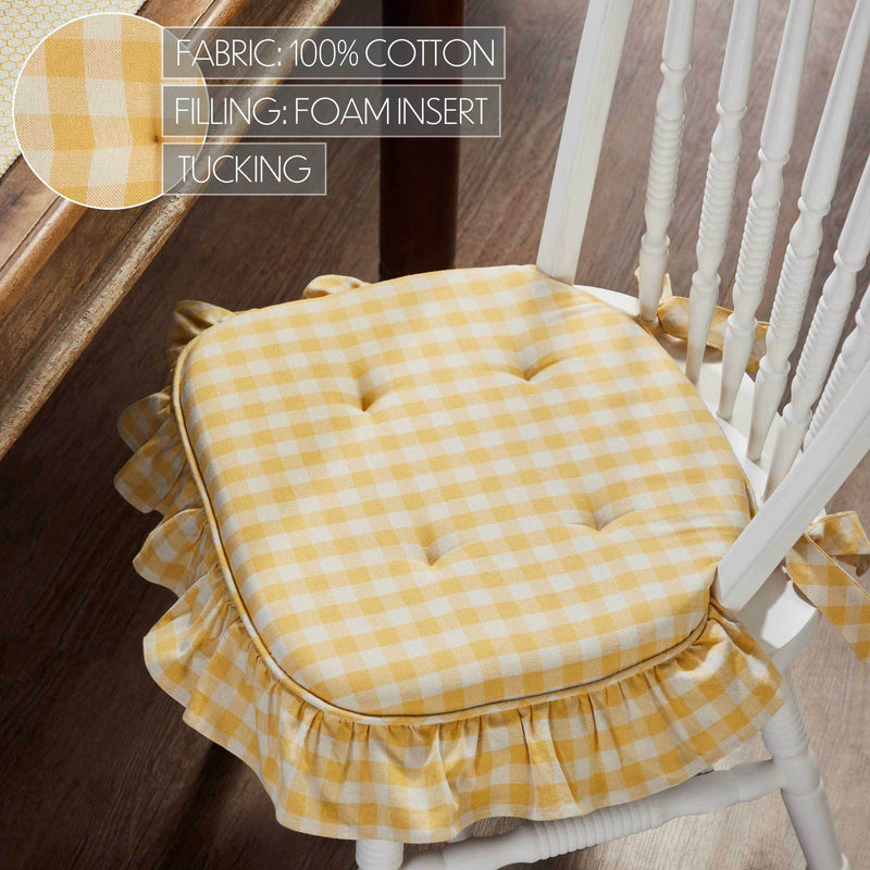 Golden Honey Yellow Ruffled Check Vintage Chic Chair Pad 15.5x17 - VHC Brands