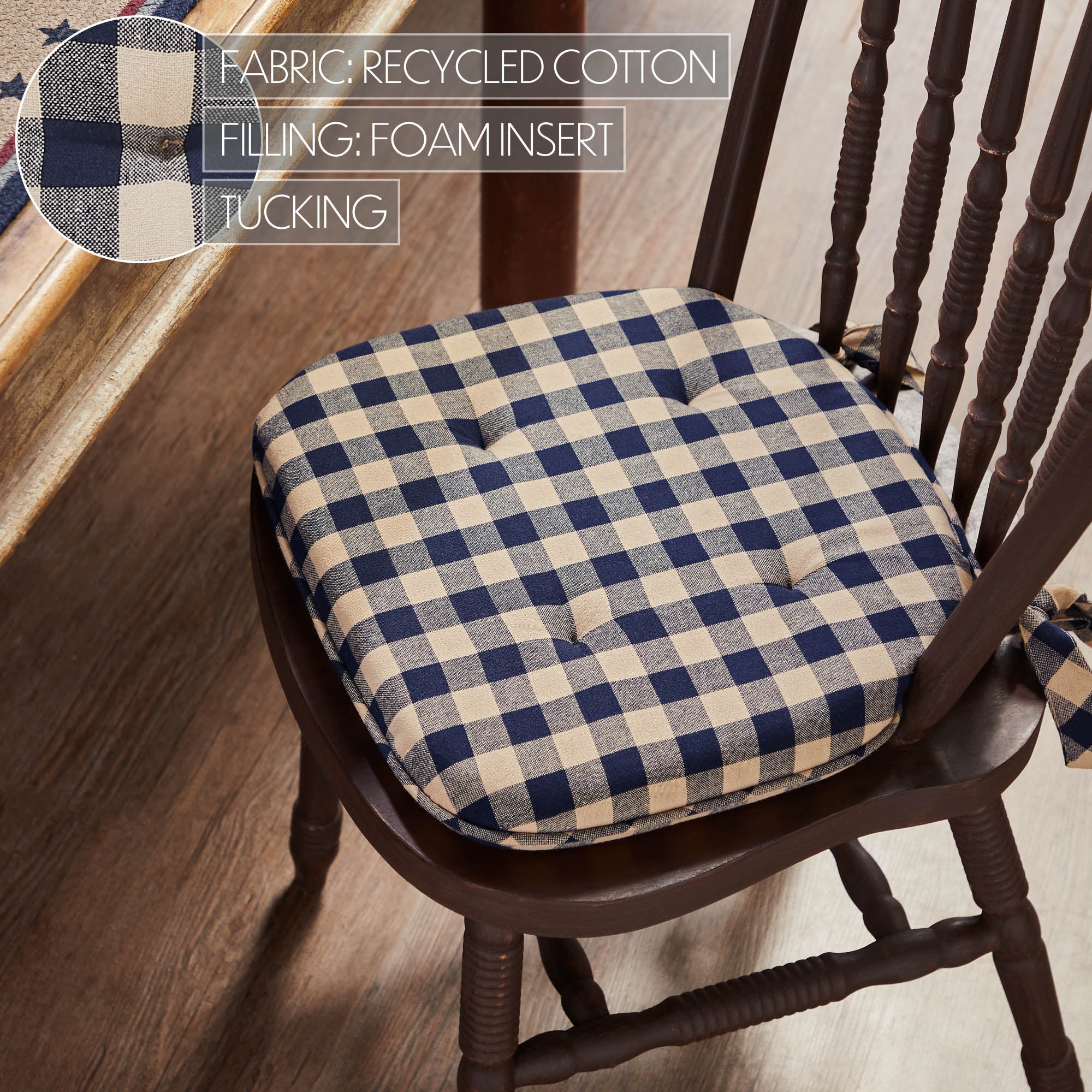 My Country Navy Natural Check Farmhouse Country Chair Pad 15.5x17 - VHC Brands