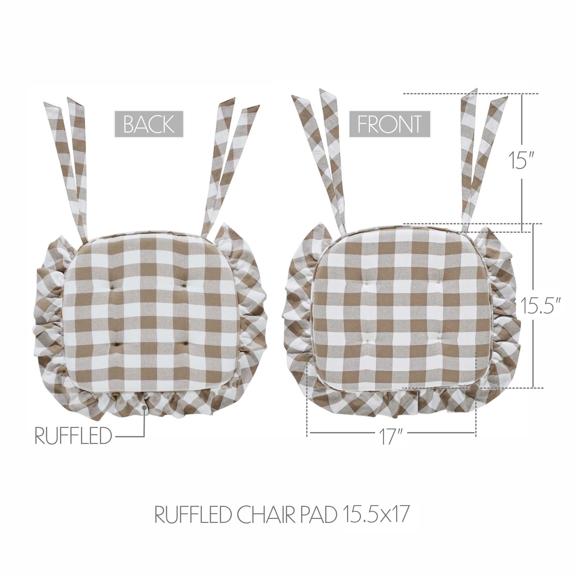 Annie Portabella Tan Ruffled Check Farmhouse Chic Chair Pad 15.5x17 - VHC Brands