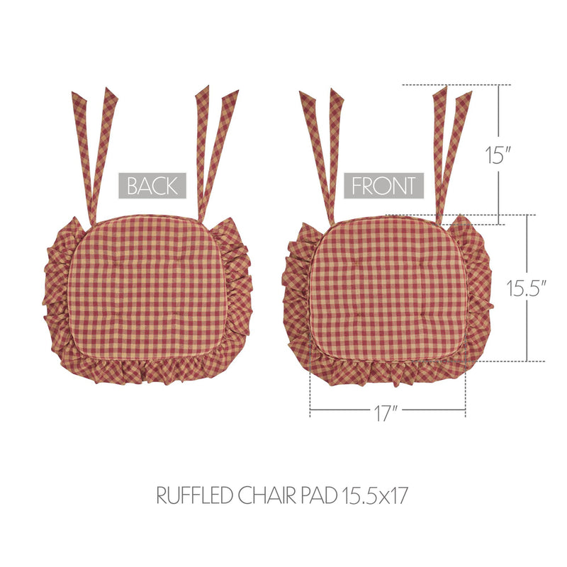 Burgundy Tan Ruffled Check Farmhouse Country Prim Chair Pad 15.5x17 - VHC Brands