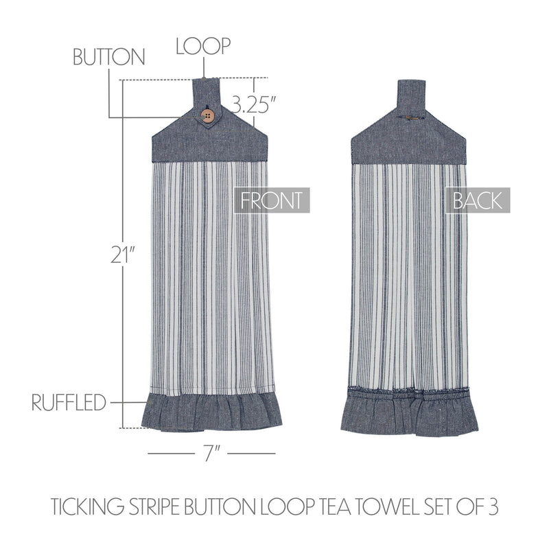 Sawyer Mill Blue Ticking Stripe Button Loop Tea Towel Set of 3