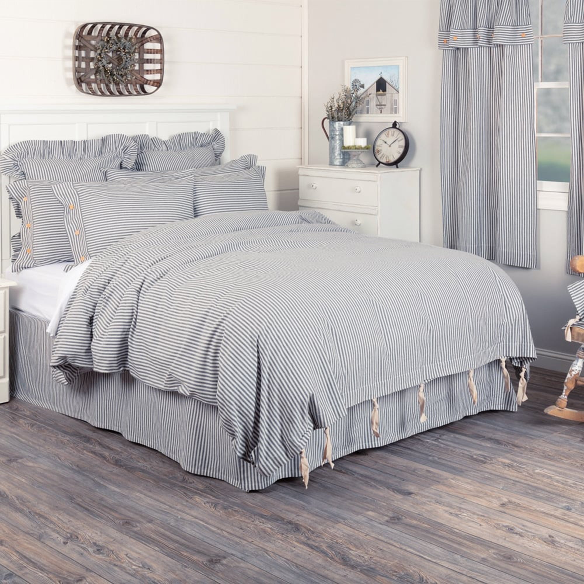 Farmhouse Ticking Blue Queen Duvet Cover 92Lx92W