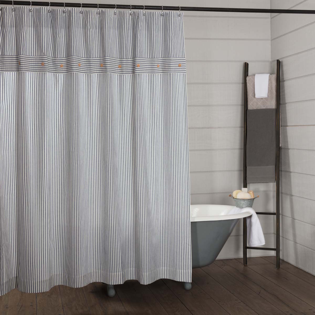 Farmhouse Ticking Blue Shower Curtain 72Lx72W