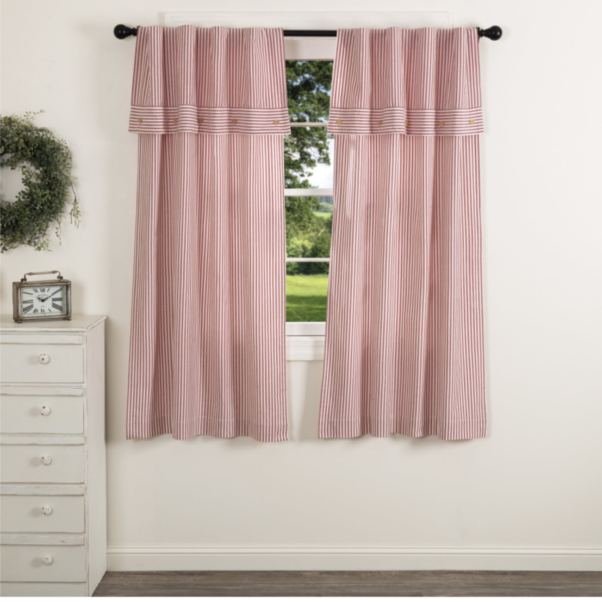 Farmhouse Ticking Red Short Panel Set of 2 63Lx36W