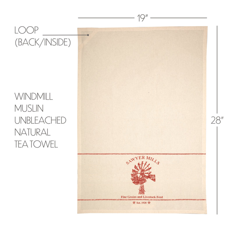 Sawyer Mill Red Windmill Muslin Unbleached Natural Tea Towel 19x28