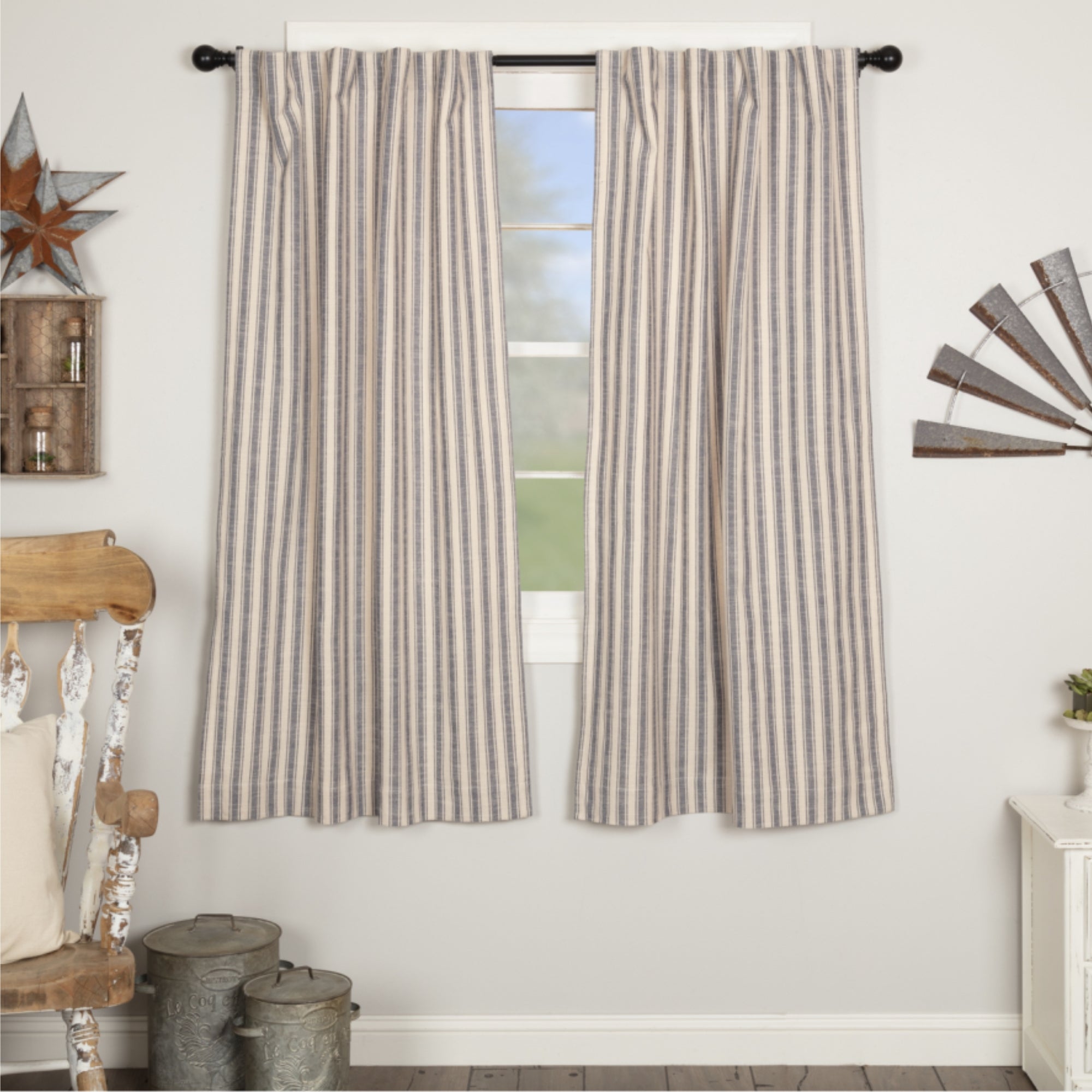 Market Place Blue Ticking Stripe Short Panel Set of 2 63Lx36W