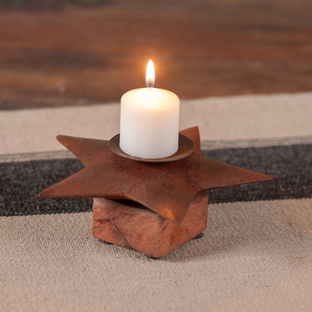 6-Inch Iron Star Candle Holder on Wood Block