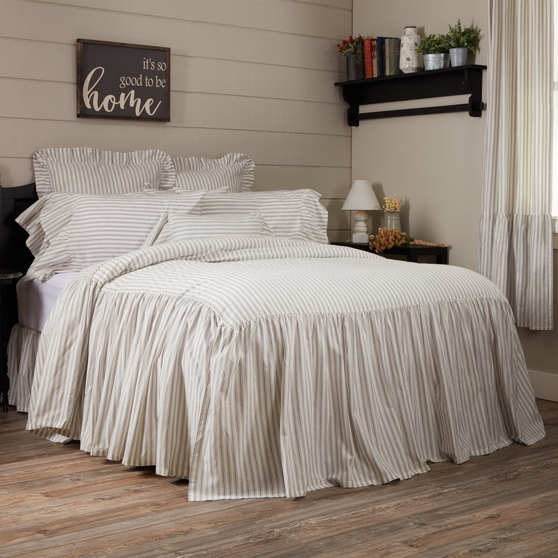 Timeless Ticking Gray Ruffled Twin Bedspread 76Lx39W+27
