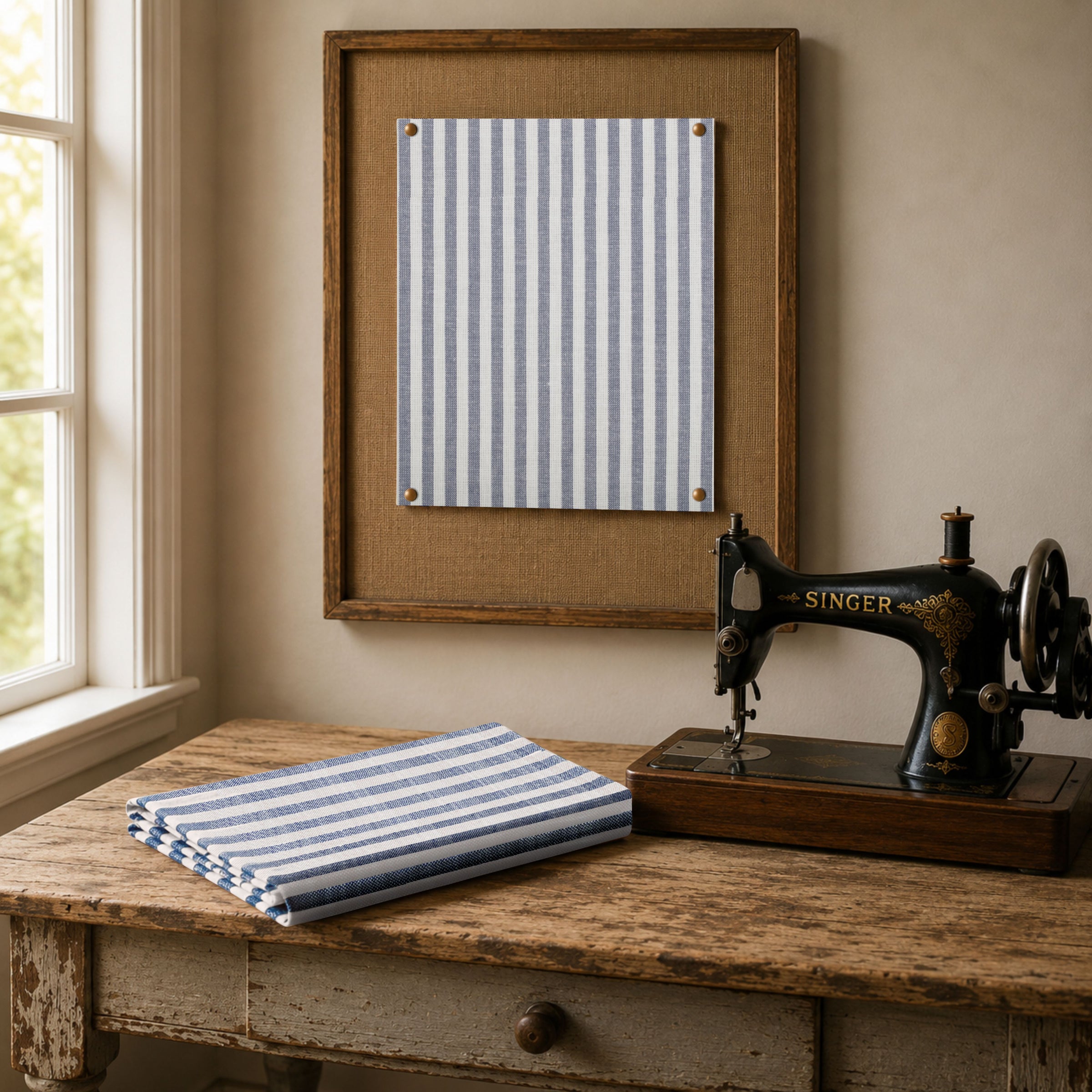 Farmhouse Ticking Blue Fabric 1yd #1 80 Width