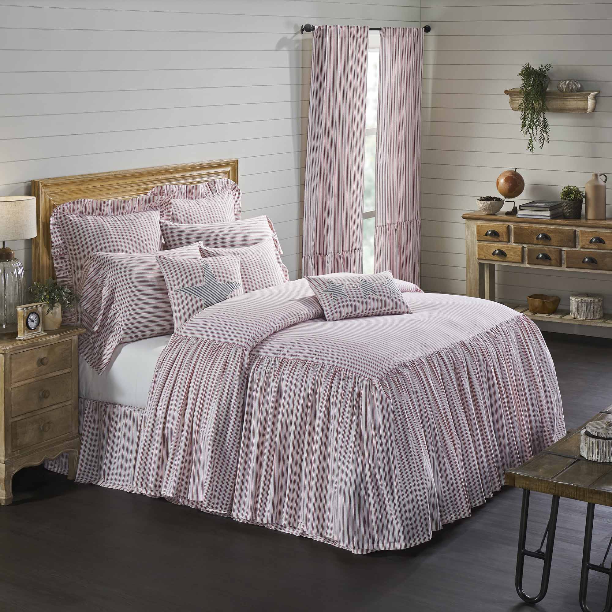 Timeless Ticking Red Ruffled Twin Bedspread 76Lx39W+27