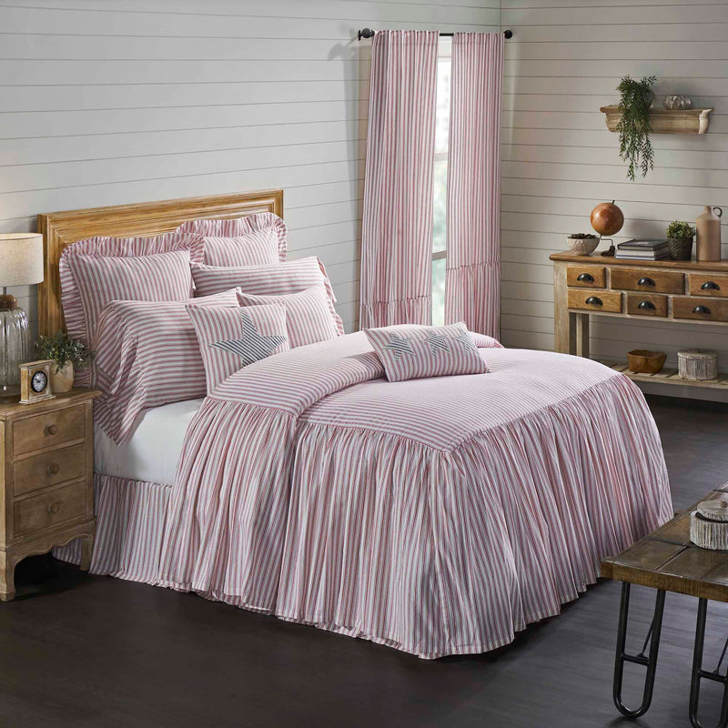 Timeless Ticking Red Ruffled Twin Bedspread 76Lx39W+27