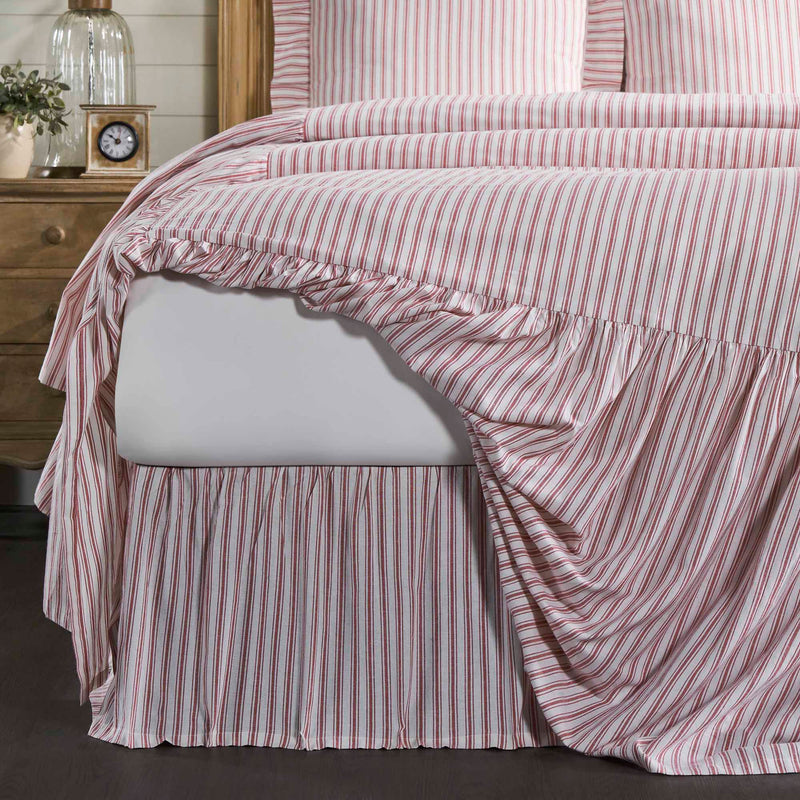 Timeless Ticking Red Ruffled Queen Bed Skirt 80Lx60Wx16