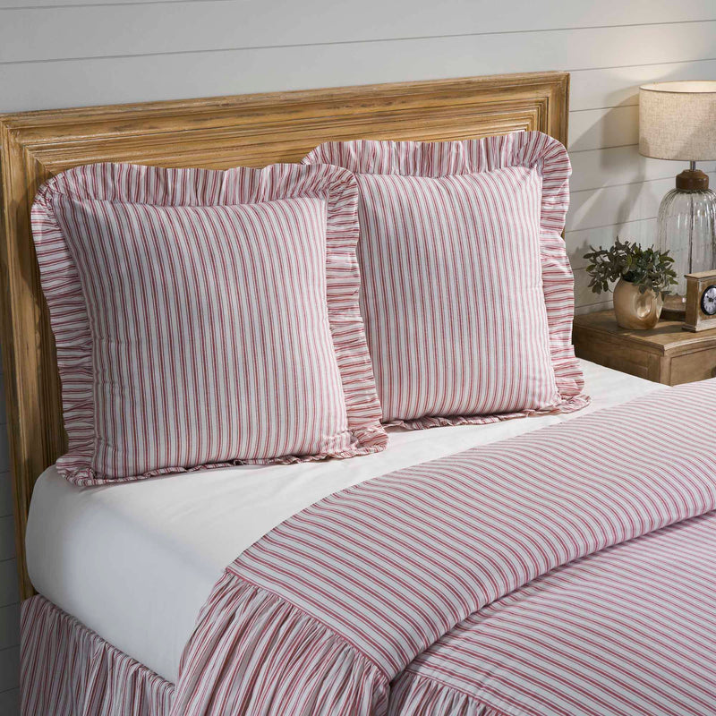 Timeless Ticking Red Ruffled Fabric Euro Sham 26Lx26W