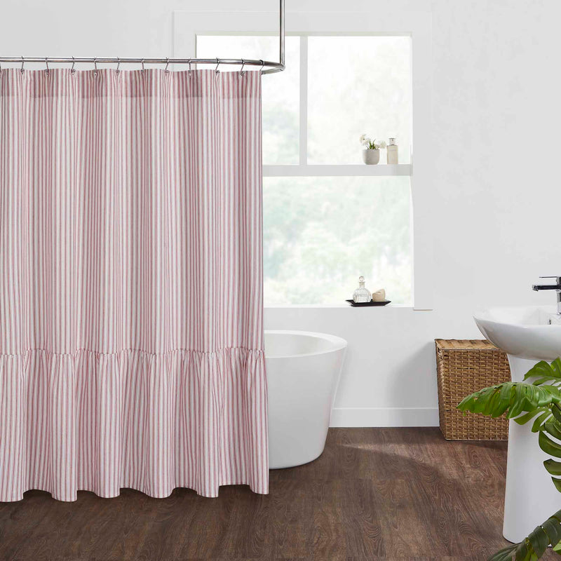 Timeless Ticking Red Ruffled Shower Curtain 72Lx72W