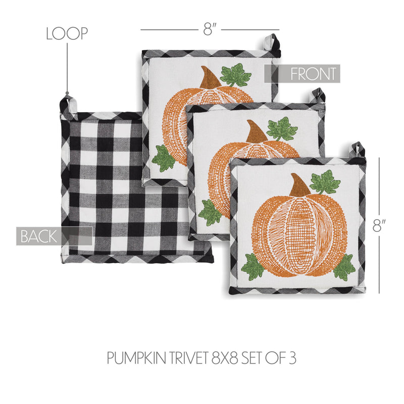 Annie Black Check Pumpkin Trivet 8x8 Set of 3