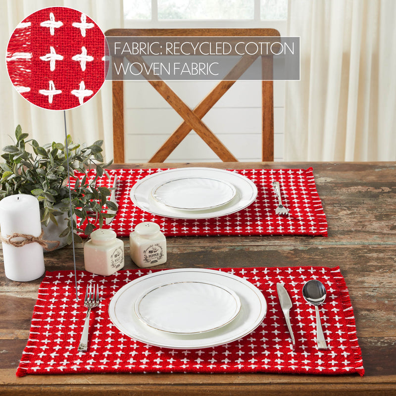 Gallen Red White Placemat Set of 2 Fringed 13x19
