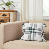 Harper Plaid Green White Pillow Fringed 12x12