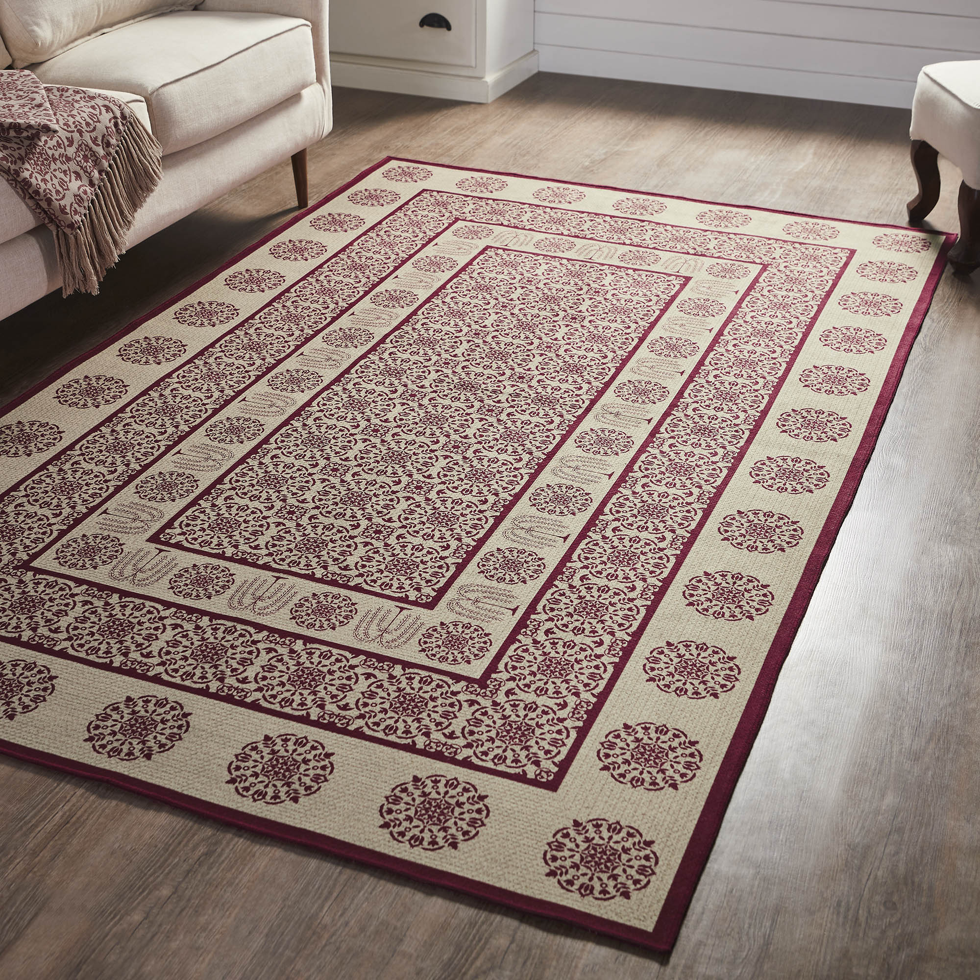 【高級】タンバリン【サンバ】CONTEMPORANEA Custom House Burgundy Tan Jacquard Polyester Rug Rect 60x96