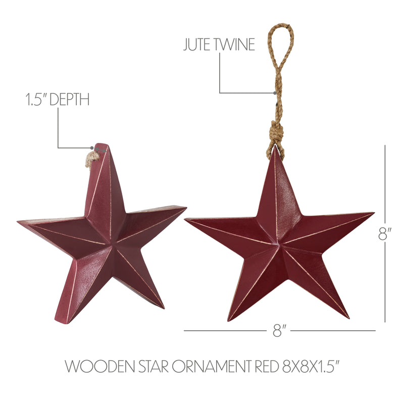 Wooden Star Ornament Red 8x8x1.5