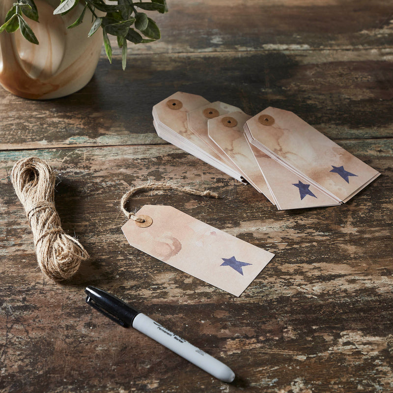 Primitive Star Tea Stained Paper Tag Navy 4.75x2.25 w/ Twine Set of 50