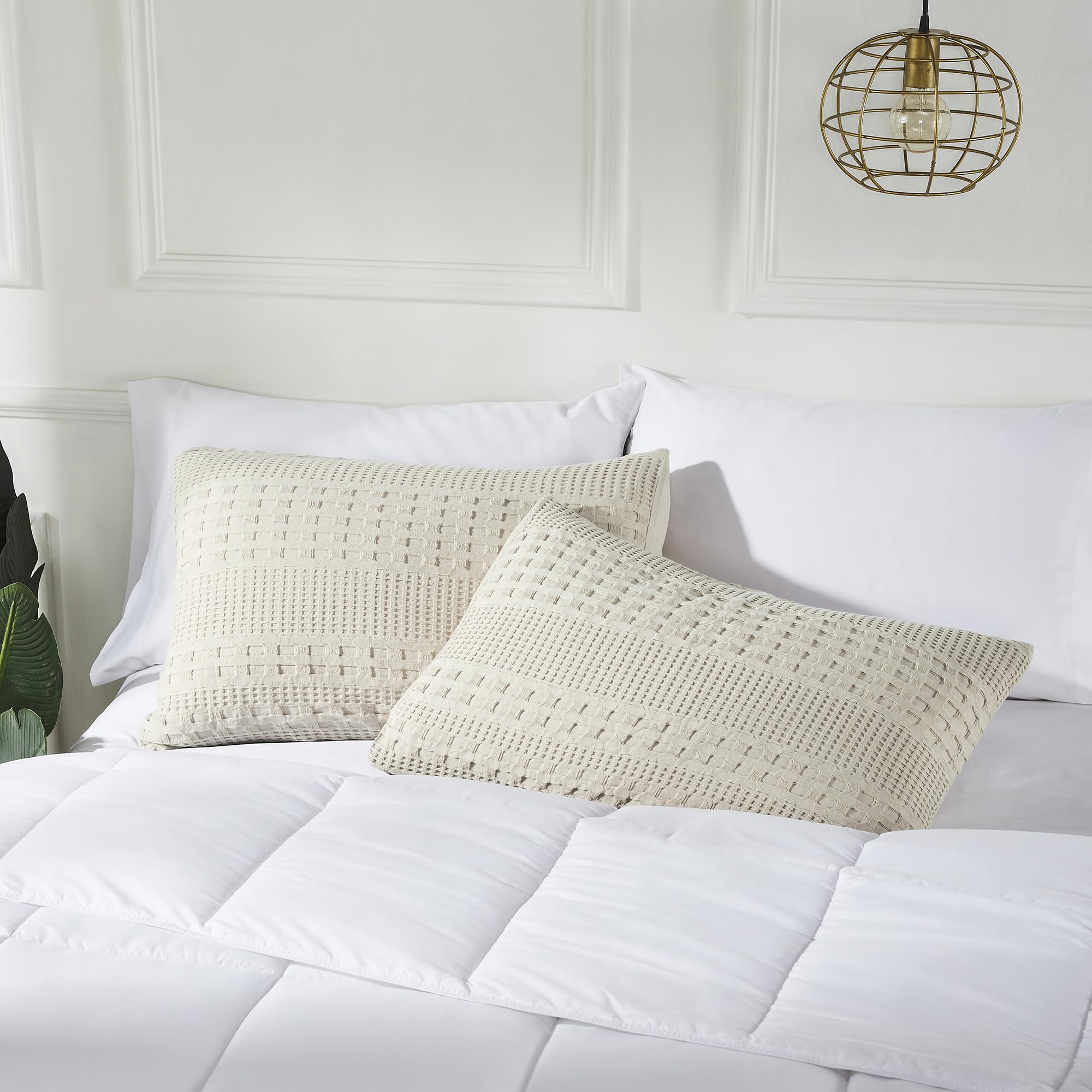 VHC Brands Waffle Weave Natural Queen Shams (Set of 2), 20x30 - Farmhouse & Boho Decorative Pillow Covers for Bedroom Decor
