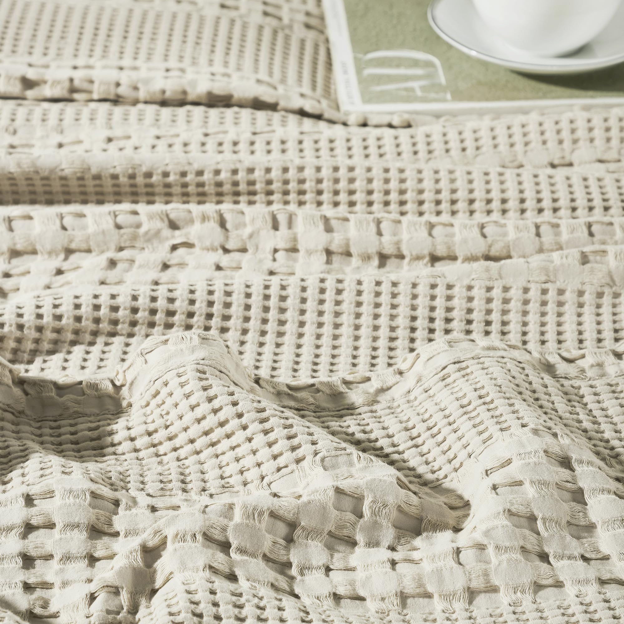 VHC Brands Waffle Weave Natural Queen Shams (Set of 2), 20x30 - Farmhouse & Boho Decorative Pillow Covers for Bedroom Decor
