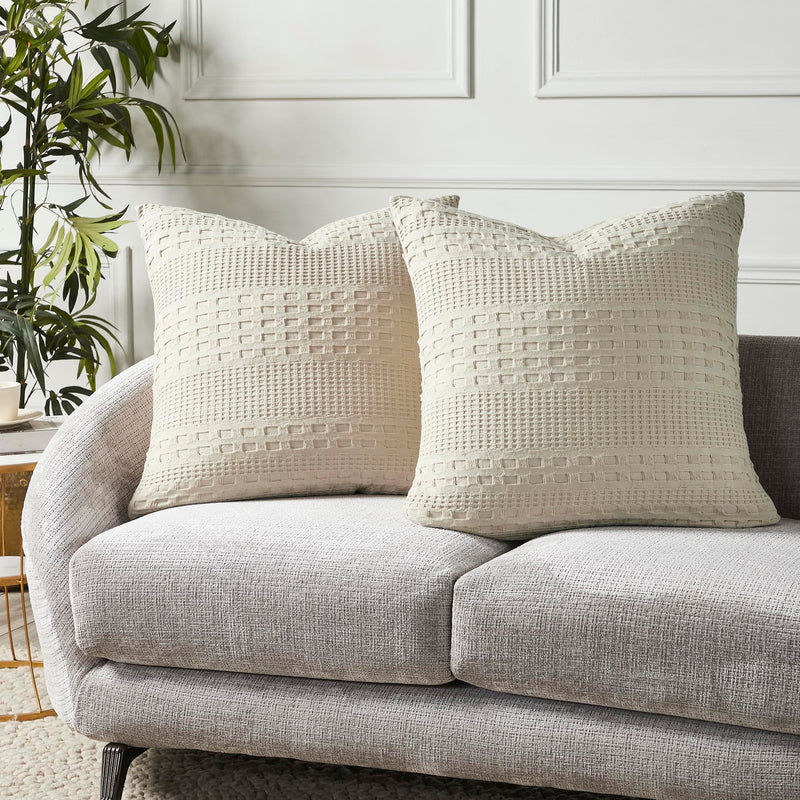 VHC Brands Waffle Weave Natural Pillow Covers 24x24 (Set of 2) - Farmhouse Boho Decorative Throw Pillow Shams for Bedroom & Living Room Decor