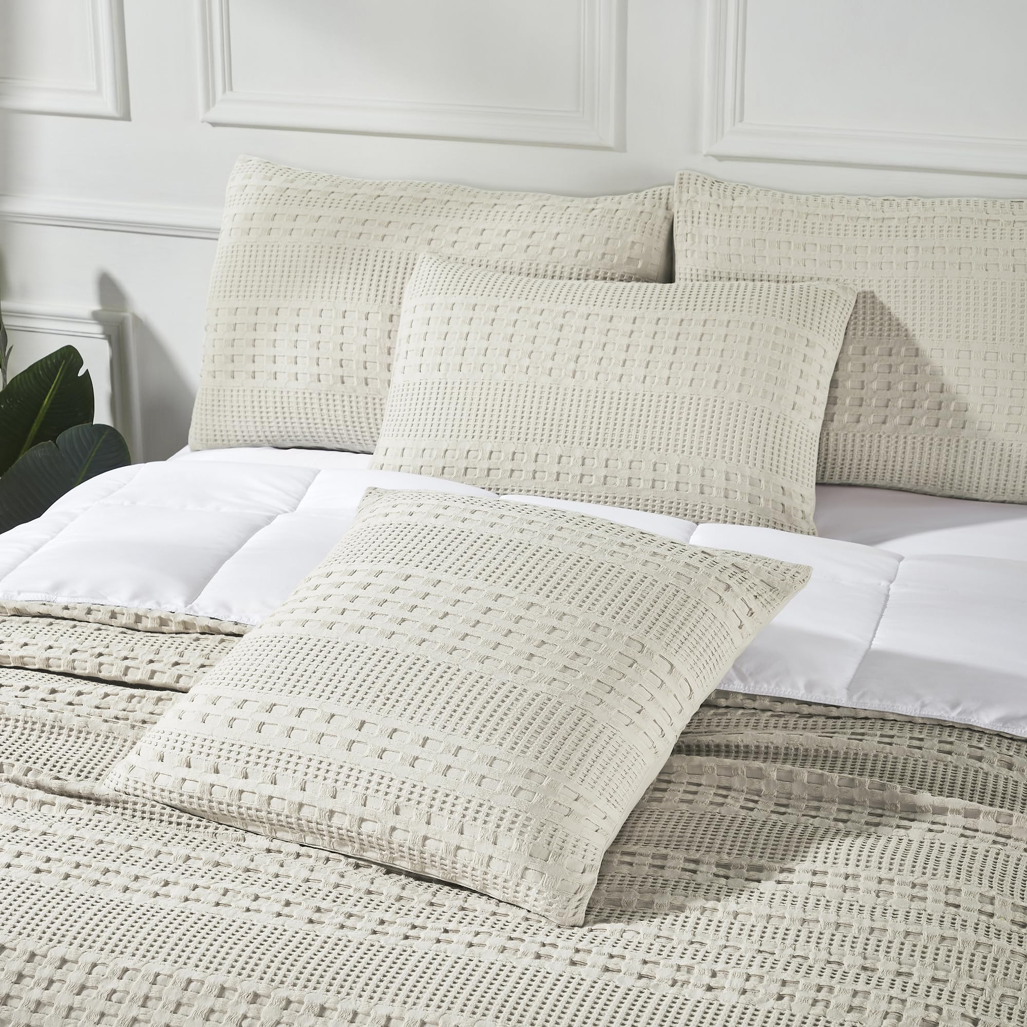 VHC Brands Waffle Weave Natural Pillow Covers 24x24 (Set of 2) - Farmhouse Boho Decorative Throw Pillow Shams for Bedroom & Living Room Decor