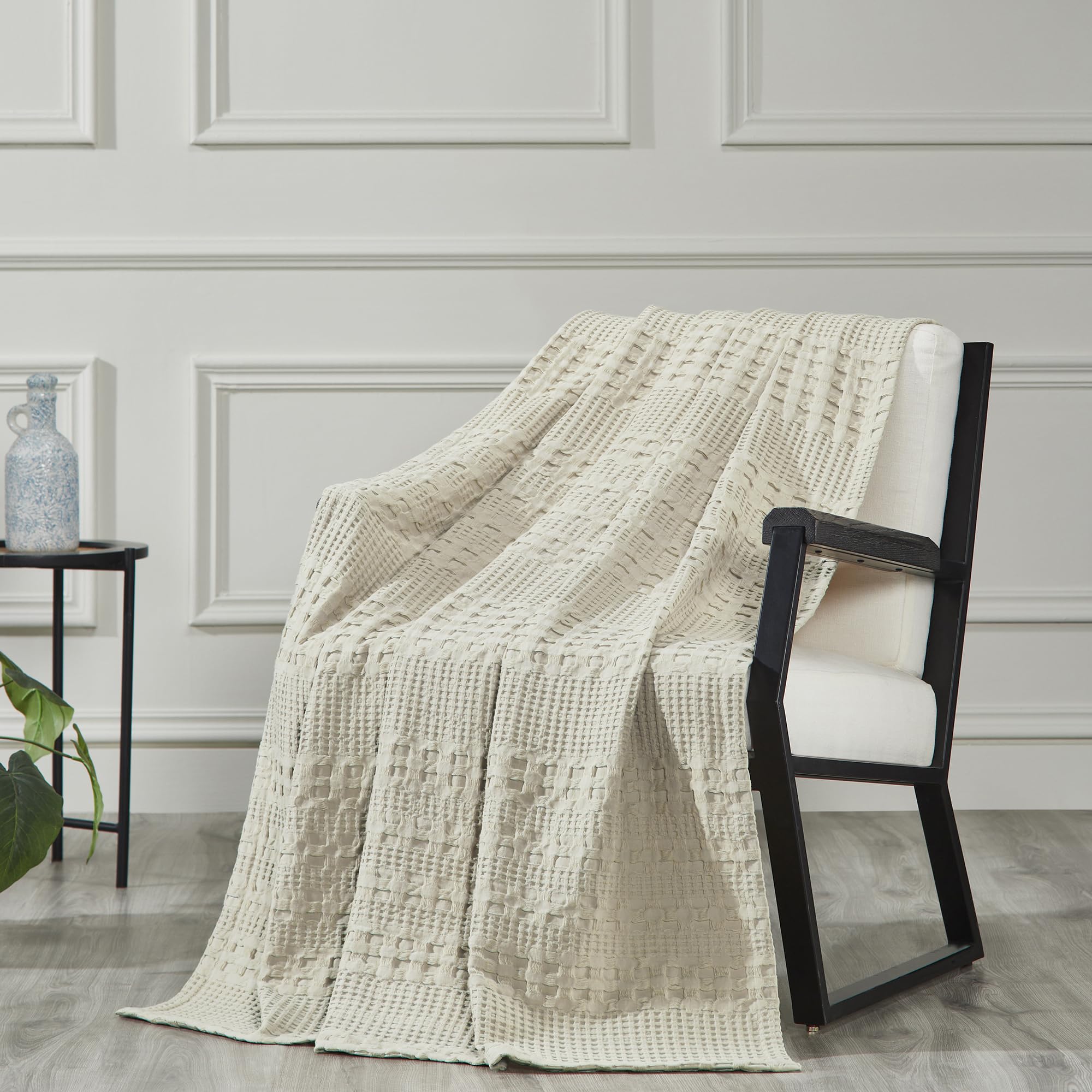 VHC Brands Waffle Weave Natural Throw 50x60 - Cotton Decorative Blanket for Bed, Couch, Sofa | Boho Farmhouse Home Decor