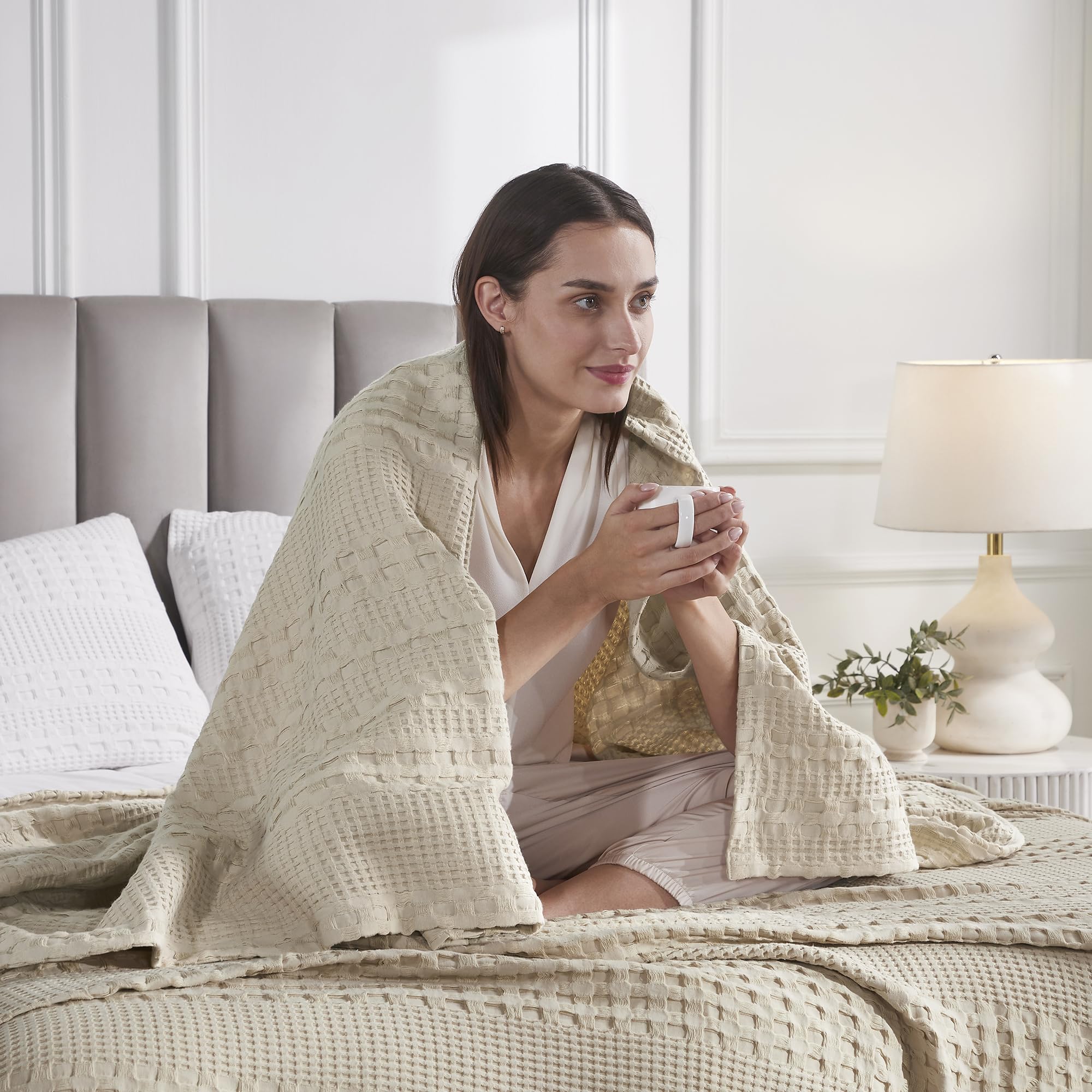 VHC Brands Waffle Weave Natural Throw 50x60 - Cotton Decorative Blanket for Bed, Couch, Sofa | Boho Farmhouse Home Decor