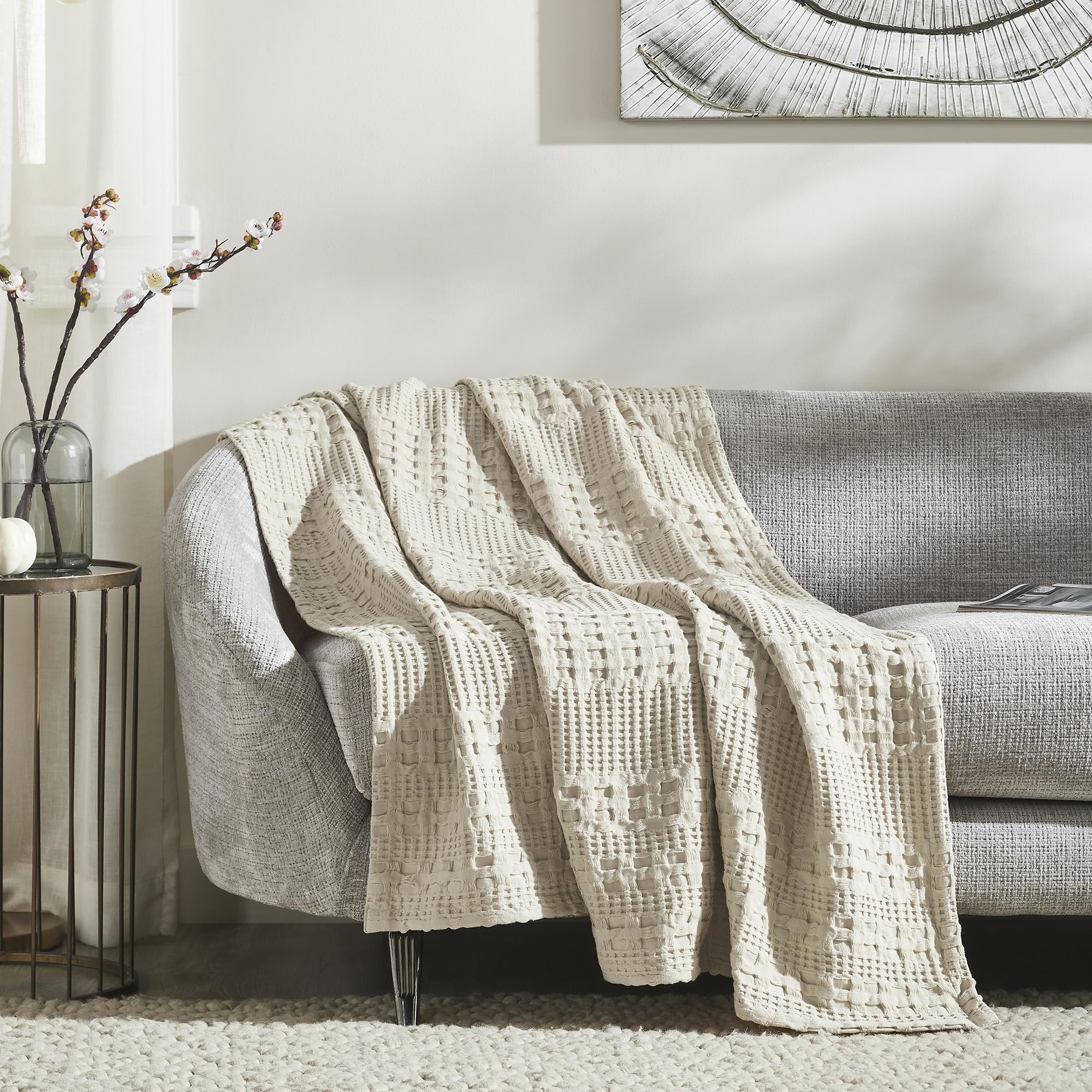 VHC Brands Waffle Weave Natural Throw 50x60 - Cotton Decorative Blanket for Bed, Couch, Sofa | Boho Farmhouse Home Decor