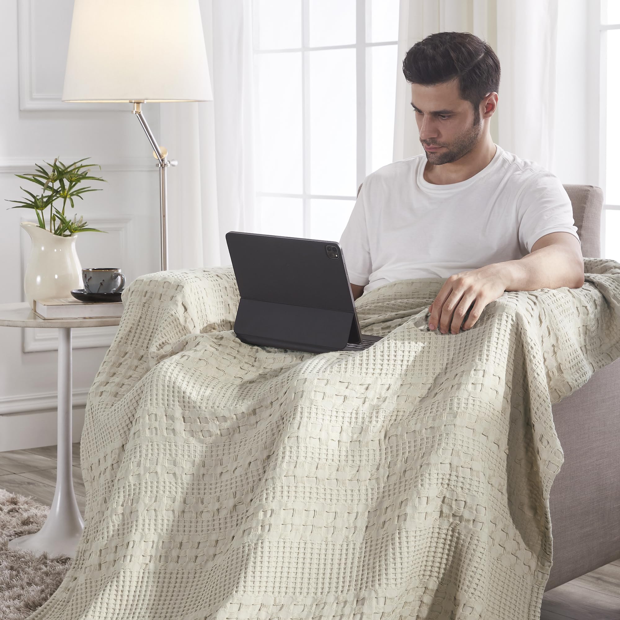 VHC Brands Waffle Weave Natural Throw 50x60 - Cotton Decorative Blanket for Bed, Couch, Sofa | Boho Farmhouse Home Decor