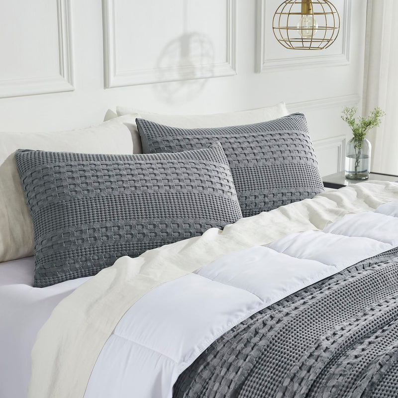 VHC Brands Waffle Weave Dark Gray Standard Shams (Set of 2, 20x26) - Farmhouse Boho Decorative Pillow Covers for Bedroom Decor