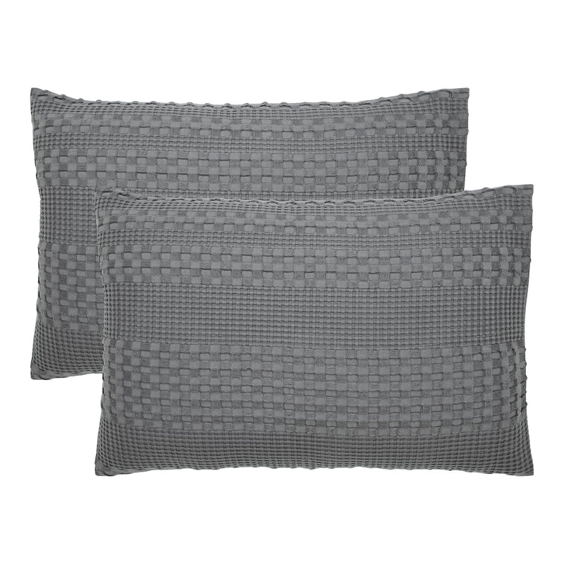 VHC Brands Dark Gray Waffle Weave Queen Sham Set (2-Pack) 20x30 - Farmhouse Boho Decorative Pillow Covers