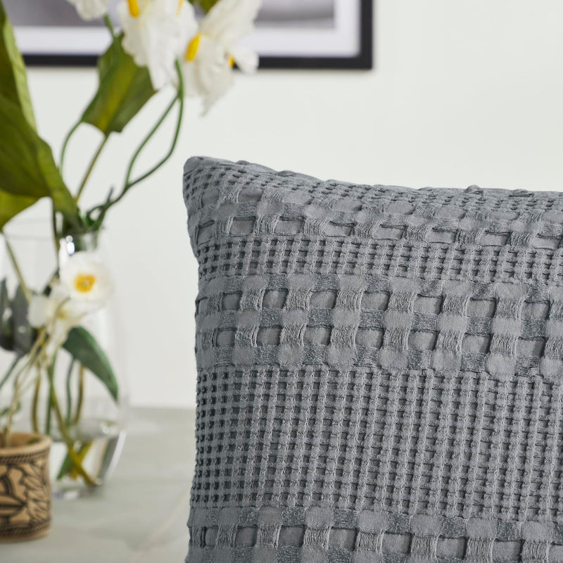 VHC Brands Dark Gray Waffle Weave Queen Sham Set (2-Pack) 20x30 - Farmhouse Boho Decorative Pillow Covers