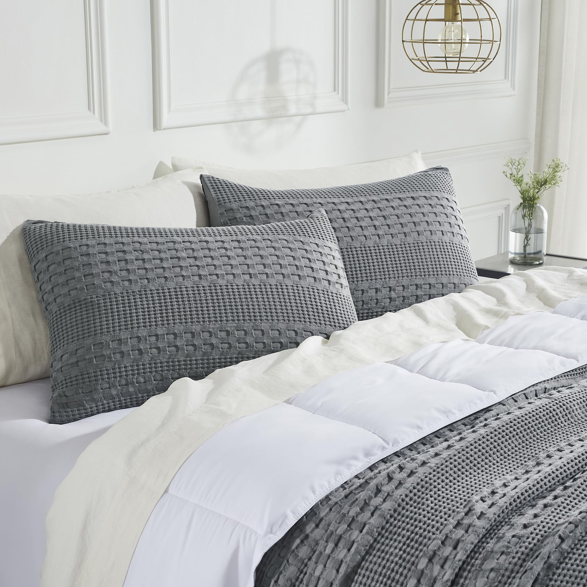 VHC Brands Waffle Weave Dark Gray King Shams (20x36, Set of 2) - Farmhouse Boho Decorative Pillow Covers for Bedroom Decor