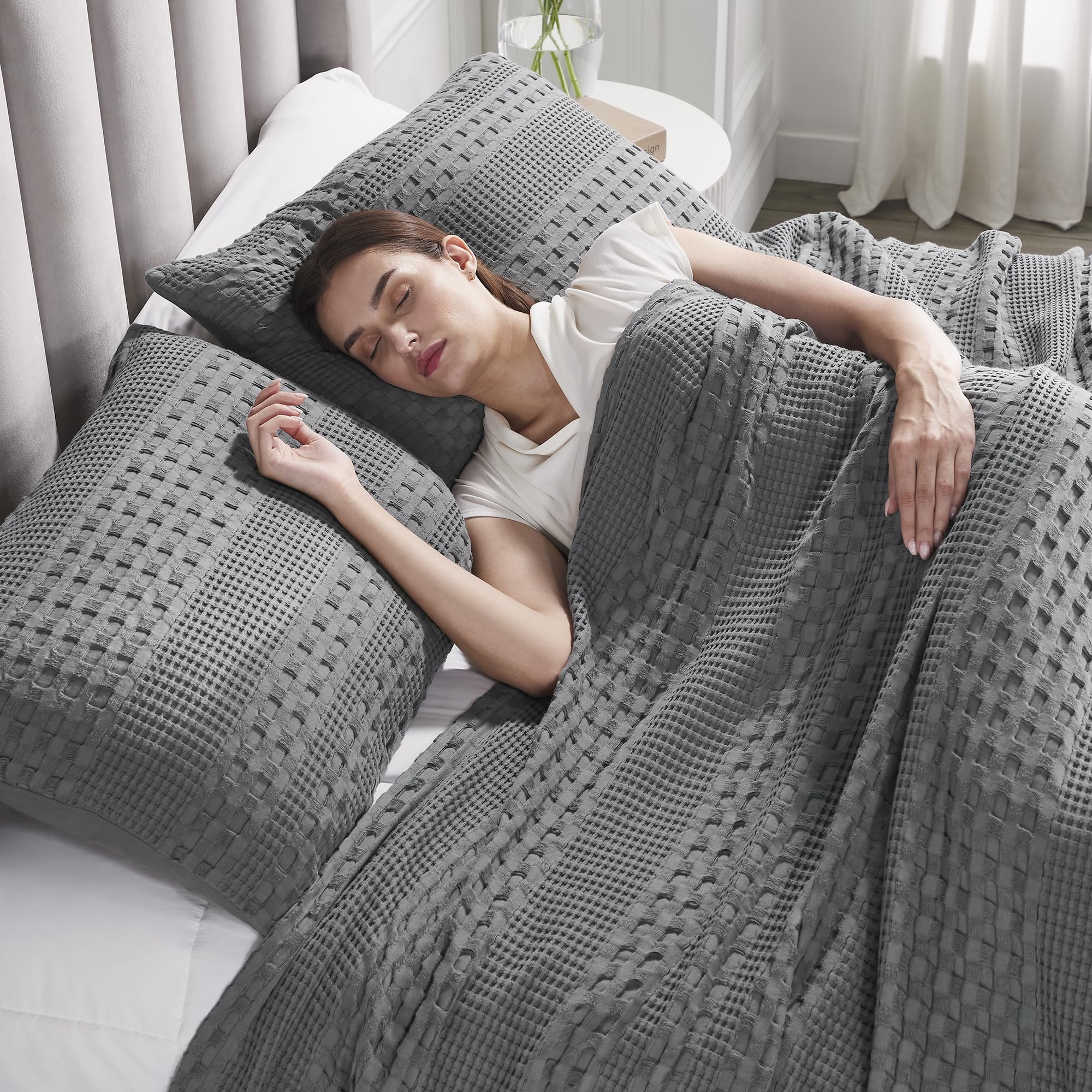 VHC Brands Waffle Weave Dark Gray King Shams (20x36, Set of 2) - Farmhouse Boho Decorative Pillow Covers for Bedroom Decor