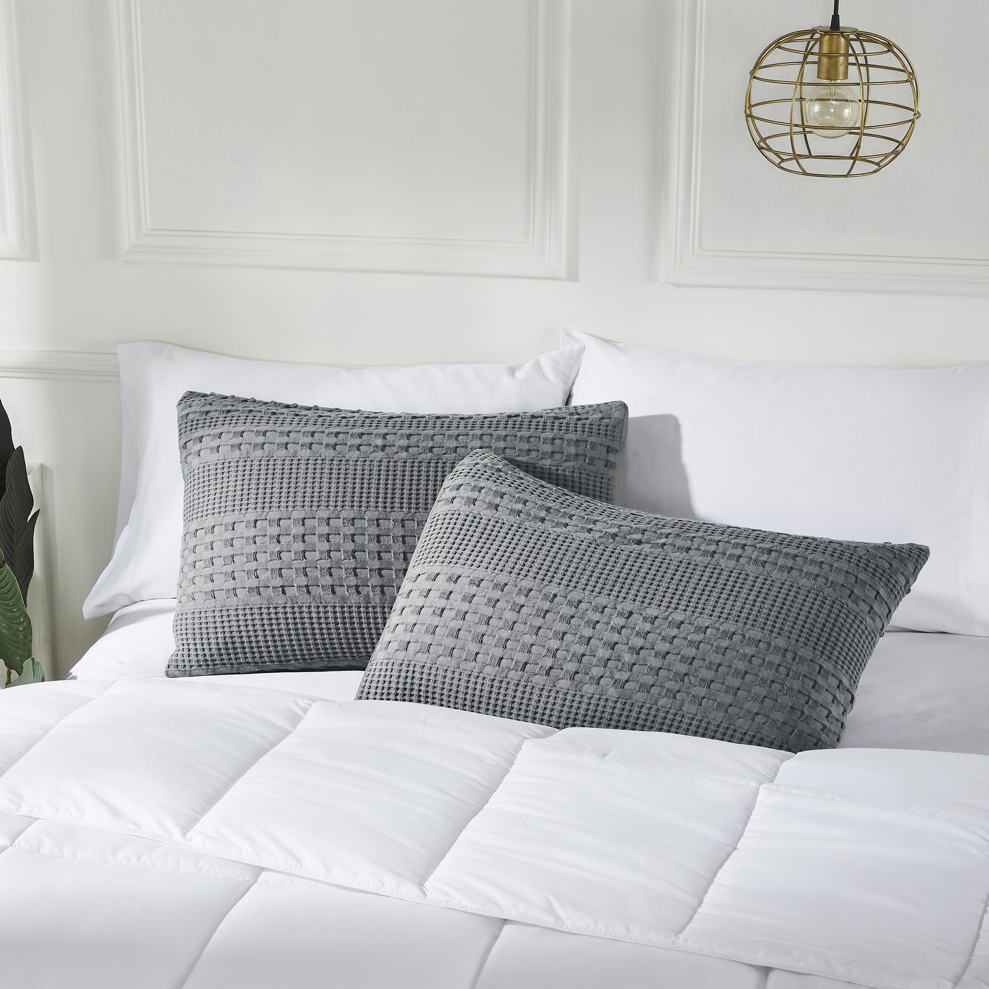 VHC Brands Waffle Weave Dark Gray King Shams (20x36, Set of 2) - Farmhouse Boho Decorative Pillow Covers for Bedroom Decor