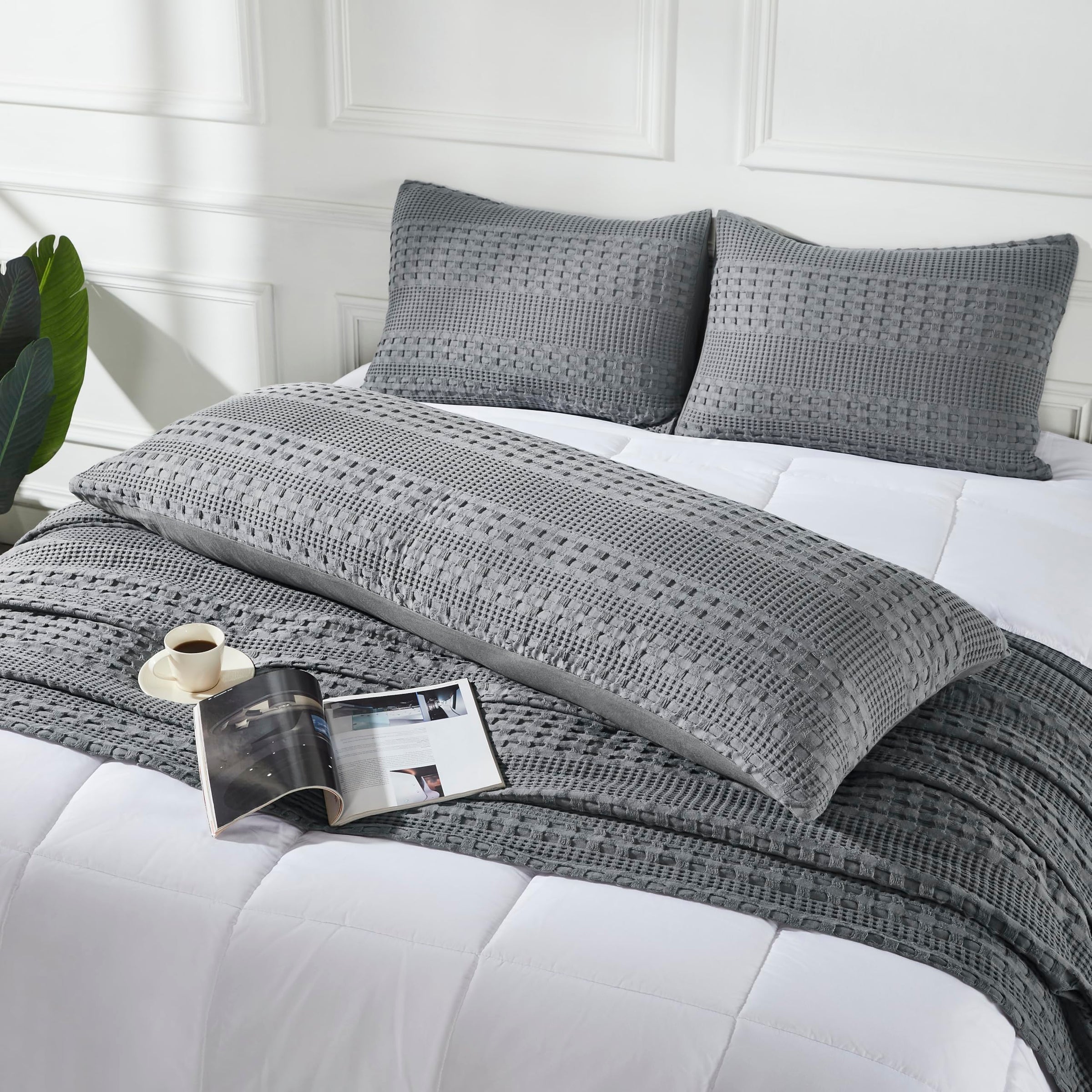 VHC Brands Waffle Weave Dark Gray Body Pillow Cover - 20x54 Inch Decorative Throw Pillow Sham for Farmhouse, Boho Bedroom Decor