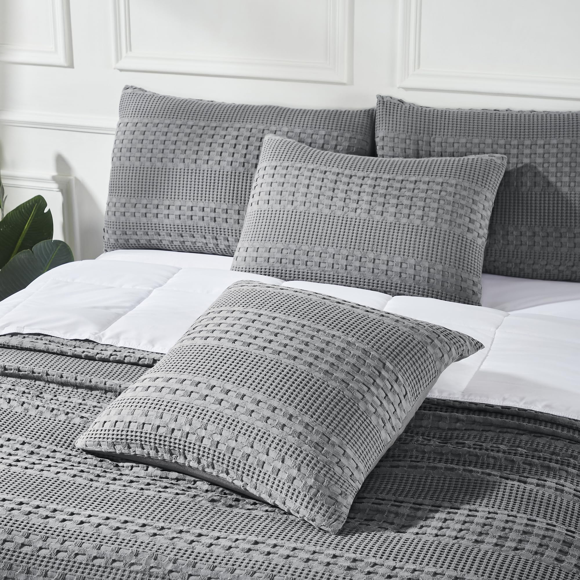 VHC Brands Waffle Weave Dark Gray Pillow Cover Set (2-Pack) 24x24 - Decorative Throw Pillow Covers for Farmhouse Boho Bedroom & Living Room Decor