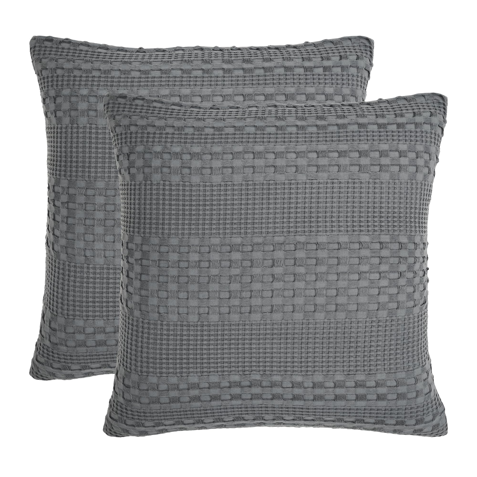 VHC Brands Waffle Weave Dark Gray Pillow Cover Set (2-Pack) 24x24 - Decorative Throw Pillow Covers for Farmhouse Boho Bedroom & Living Room Decor